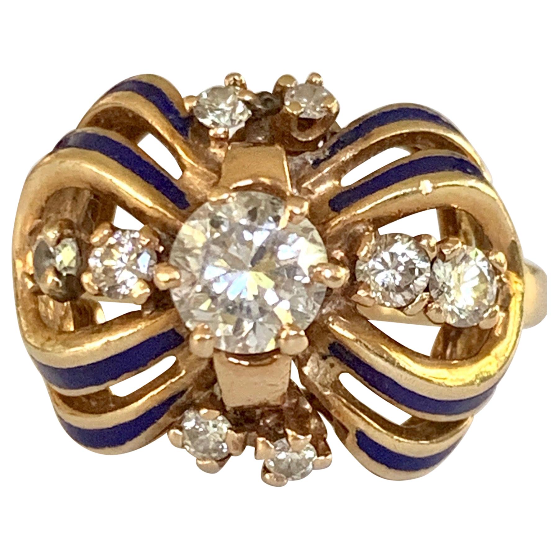 Vintage Brilliant Cut Diamond and Blue Enamel 14 Karat Yellow Gold Ring For Sale