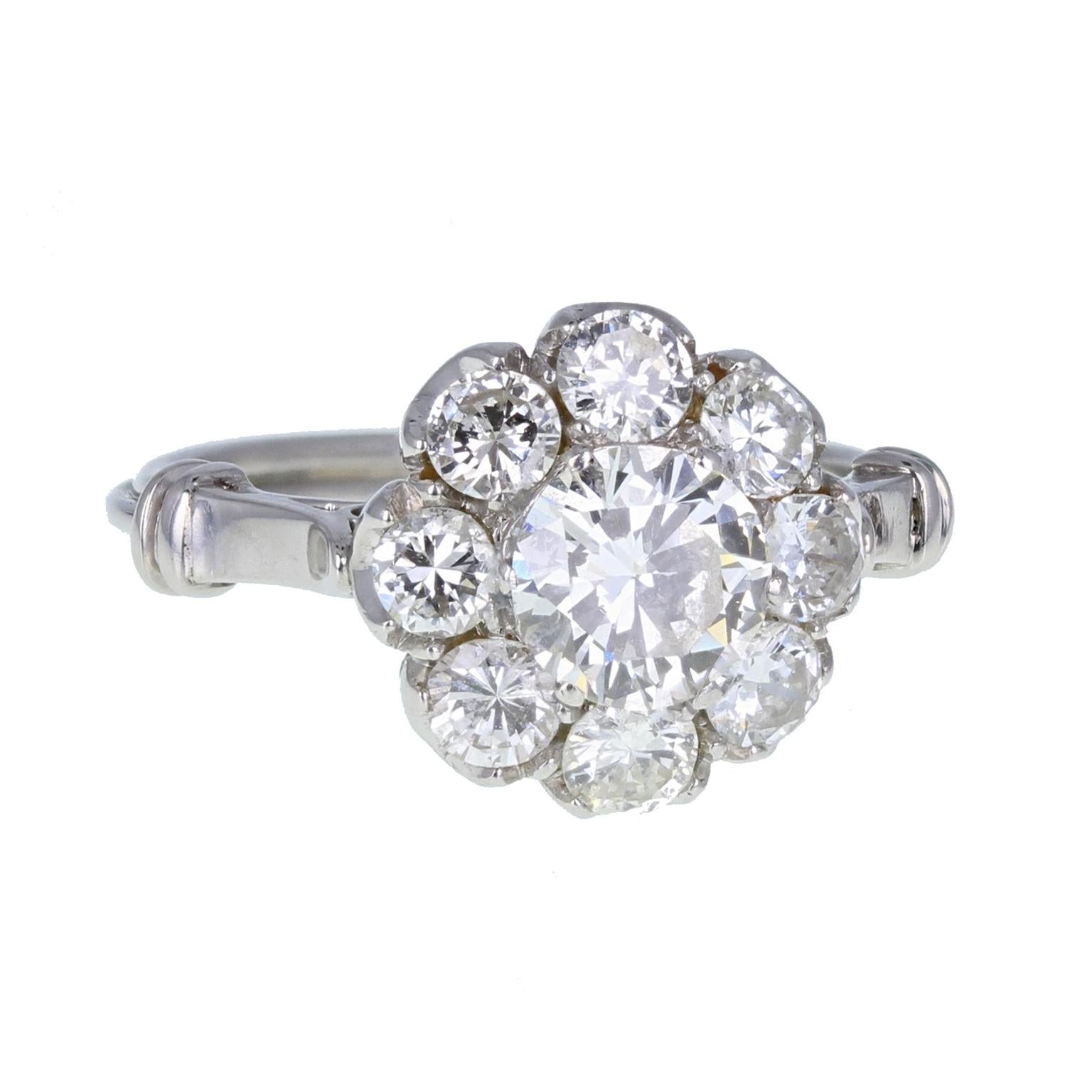 Art Deco Vintage Brilliant Cut Diamond Daisy Cluster Ring For Sale