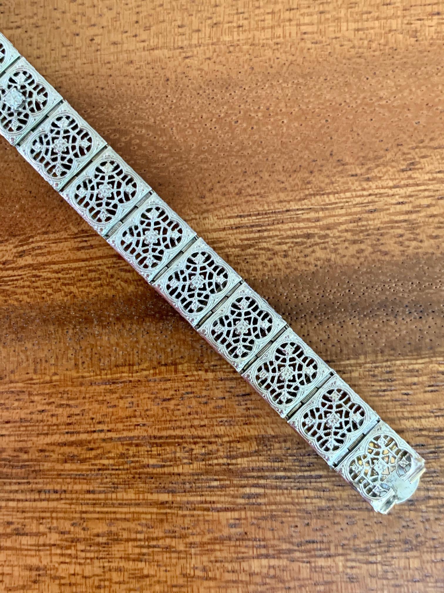 Vintage Brilliant Cut Diamond Filigree 14 Karat White Gold Bracelet In Good Condition For Sale In St. Louis Park, MN