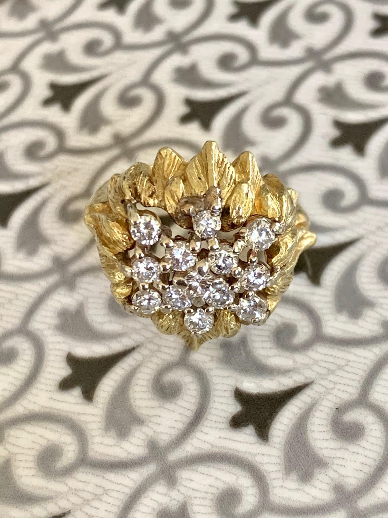 This gorgeous 18 karat yellow Gold ring features 13 brilliant cut Diamonds, totaling approximately 1.4ctw.
Average grade: VS-G/H

Size: 7 - this ring is resizable but vendor does not offer sizing services. 
Weight: 13.8 grams 