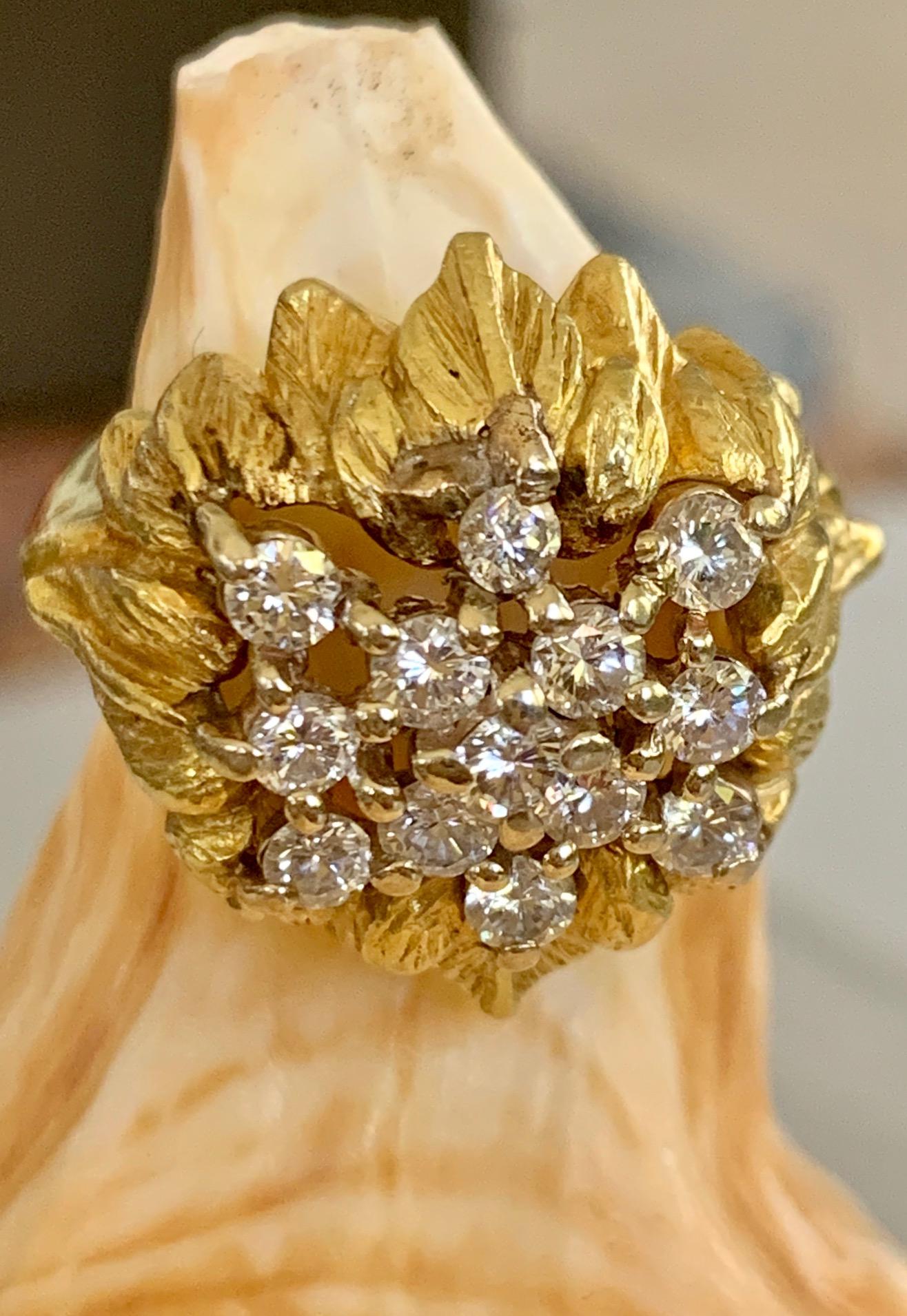 Women's Vintage Brilliant Cut Diamond Floral Dome 18 Karat Yellow Gold Ring For Sale