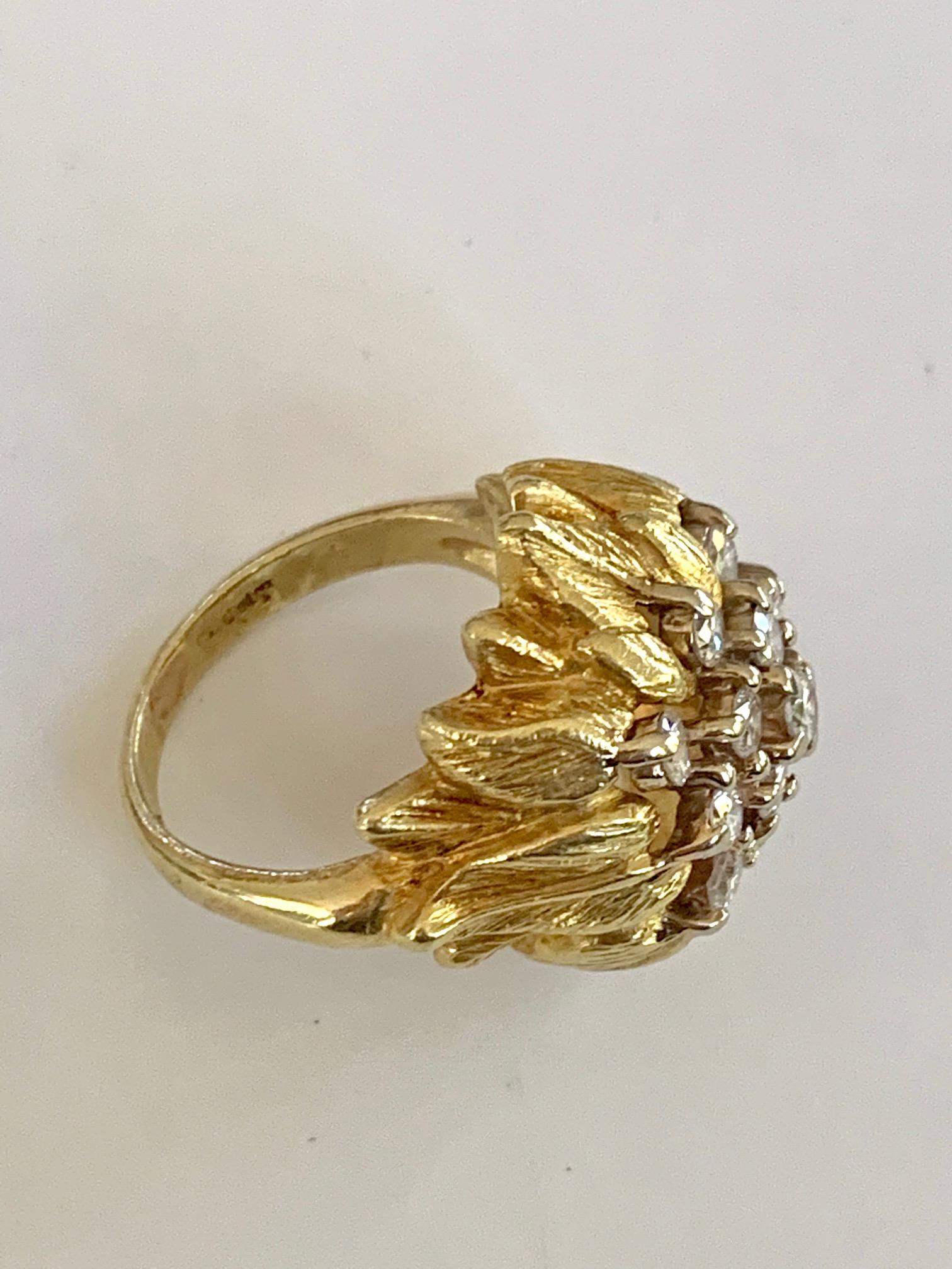 Vintage Brilliant Cut Diamond Floral Dome 18 Karat Yellow Gold Ring For Sale 1