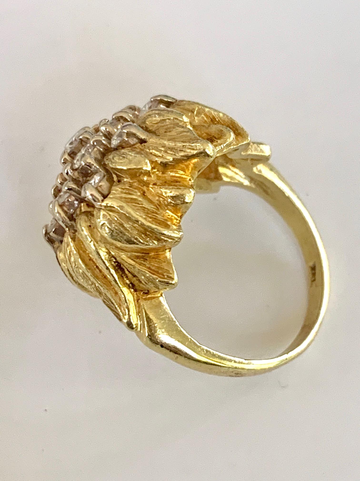 Vintage Brilliant Cut Diamond Floral Dome 18 Karat Yellow Gold Ring For Sale 2