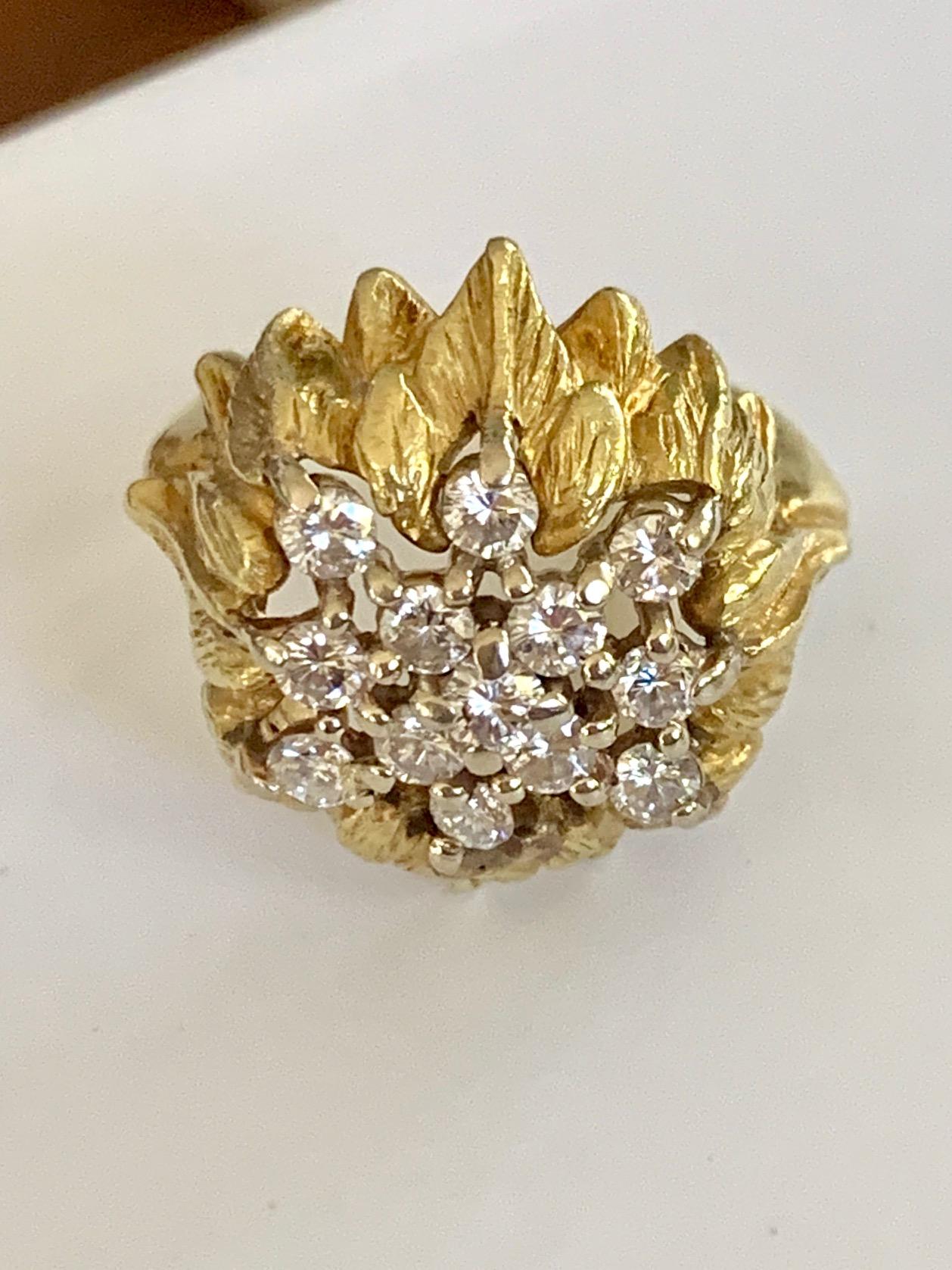 Vintage Brilliant Cut Diamond Floral Dome 18 Karat Yellow Gold Ring For Sale 3