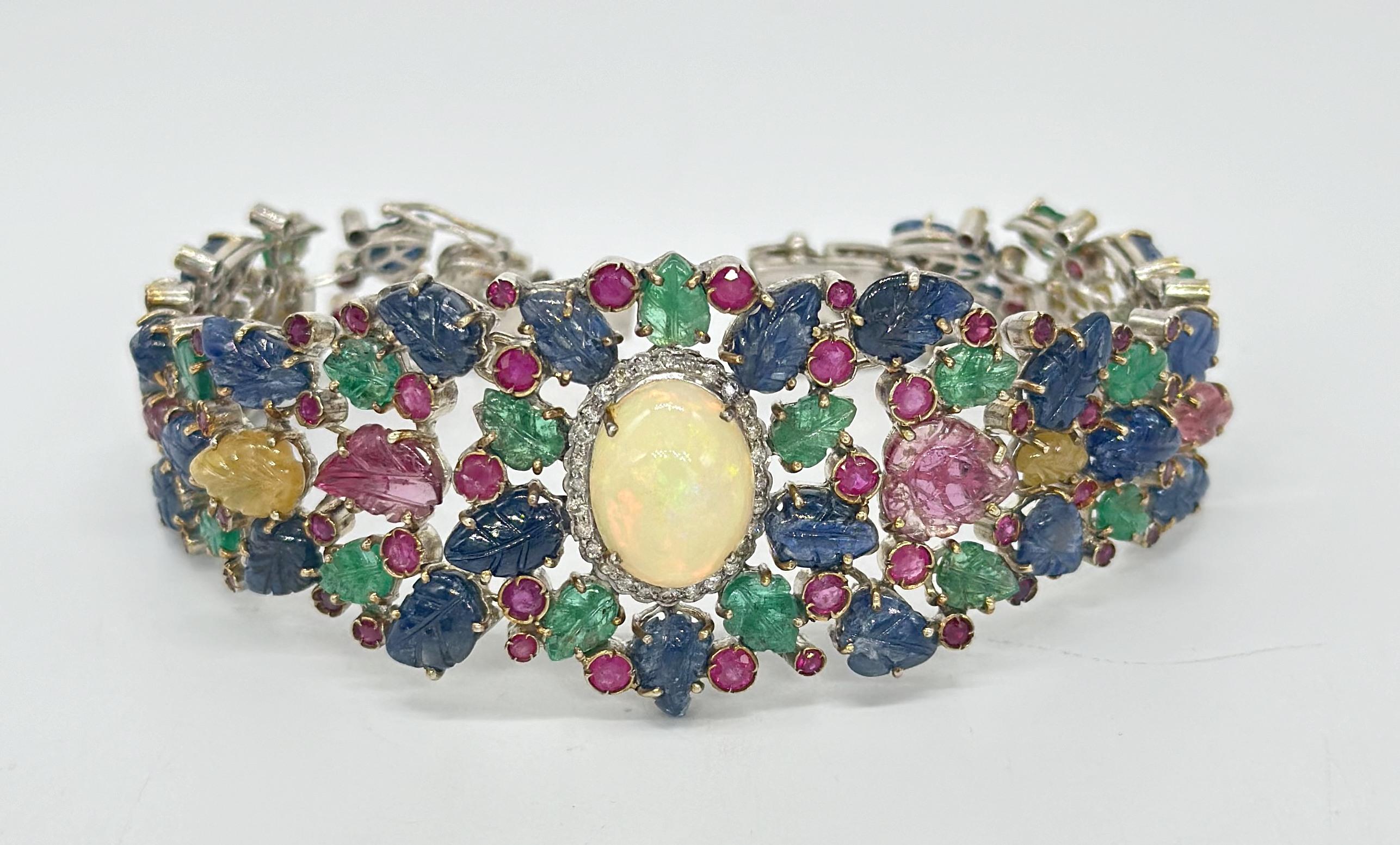 Antigua esmeralda tallada rubí zafiros Diamante brillante oro 14K pulsera de plata Corte brillante en venta
