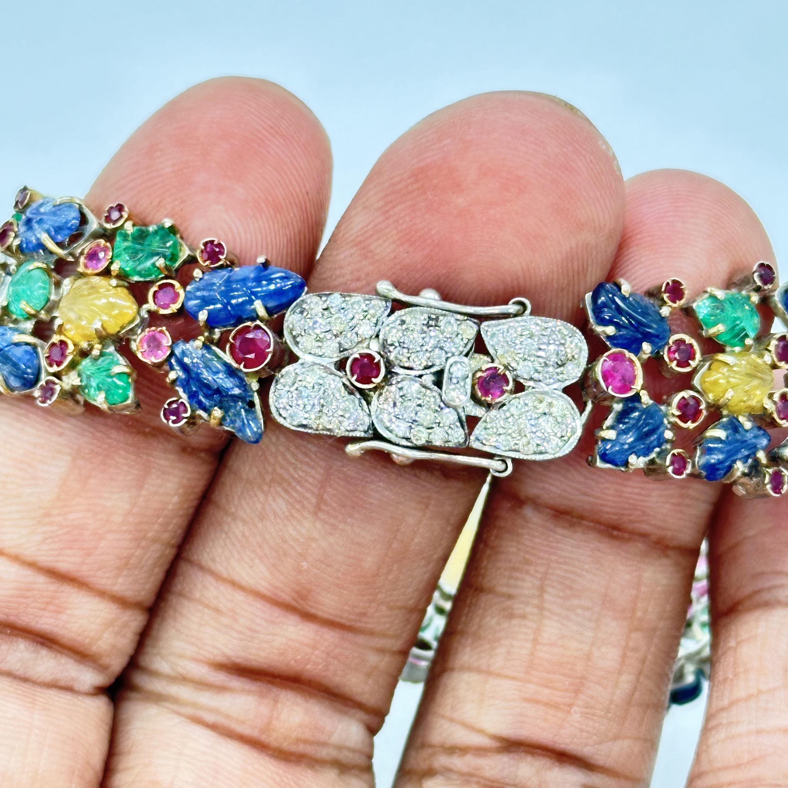 Femenino o masculino Antigua esmeralda tallada rubí zafiros Diamante brillante oro 14K pulsera de plata en venta