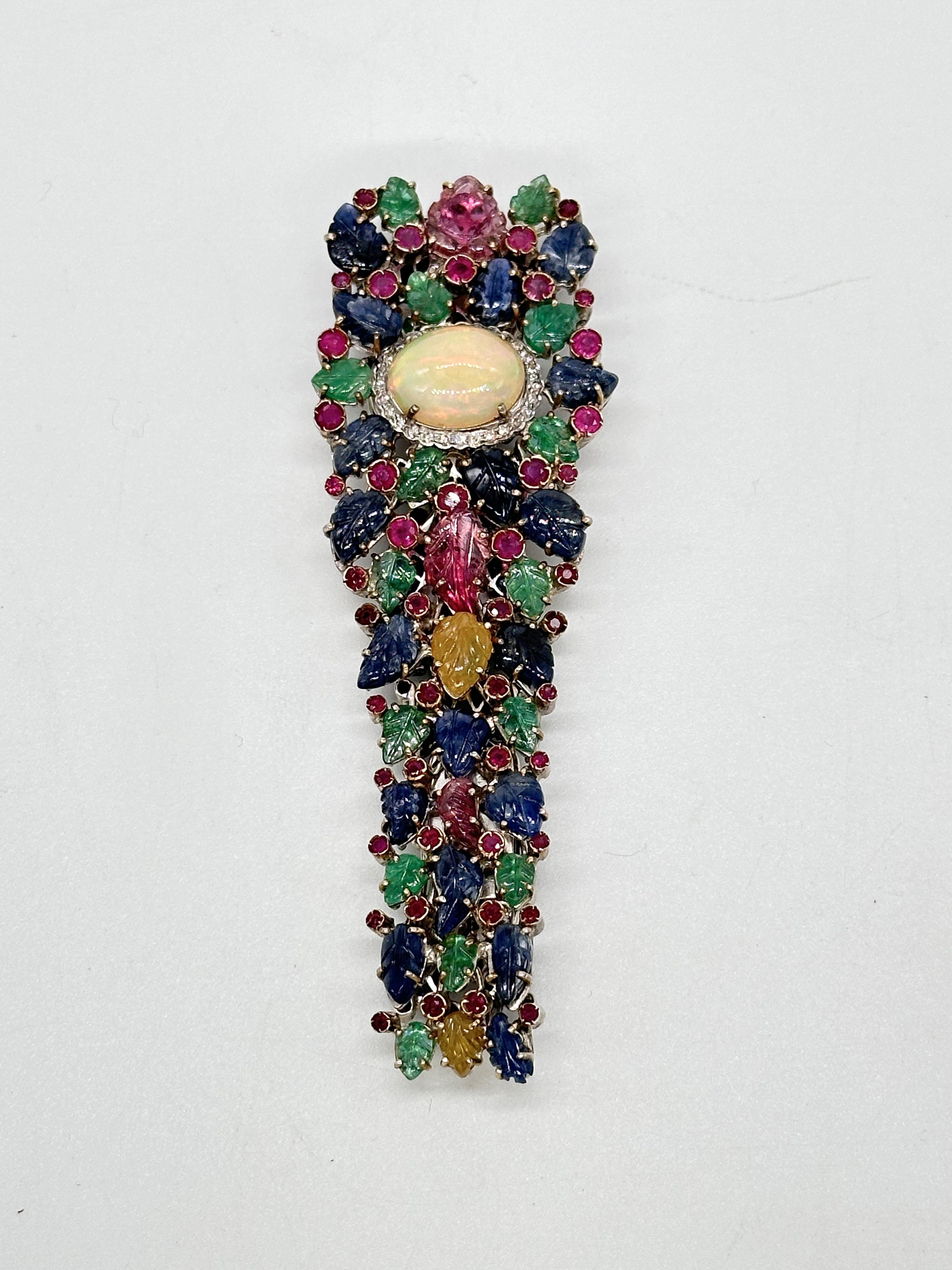 Antigua esmeralda tallada rubí zafiros Diamante brillante oro 14K pulsera de plata en venta 1