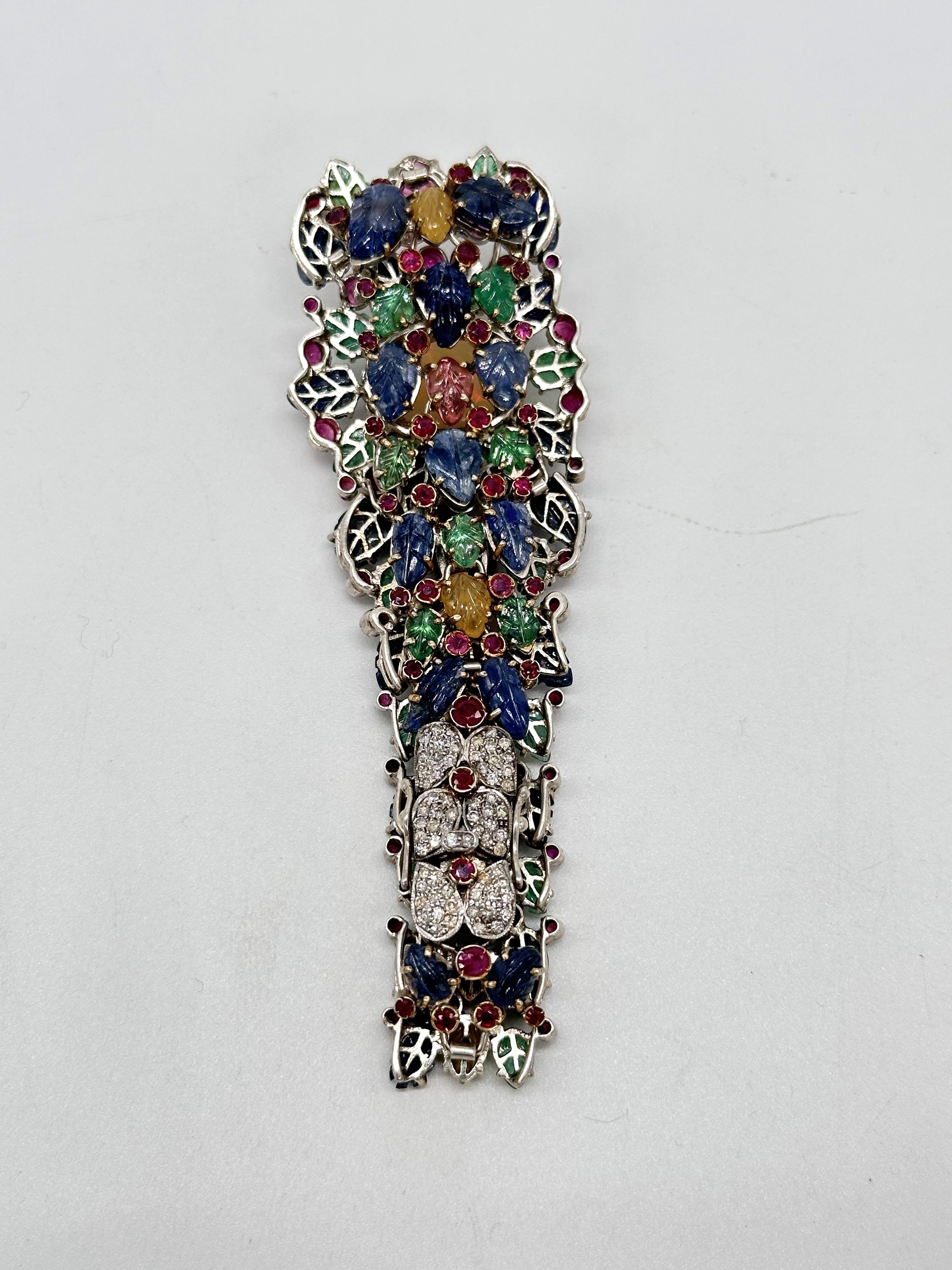 Antigua esmeralda tallada rubí zafiros Diamante brillante oro 14K pulsera de plata en venta 2