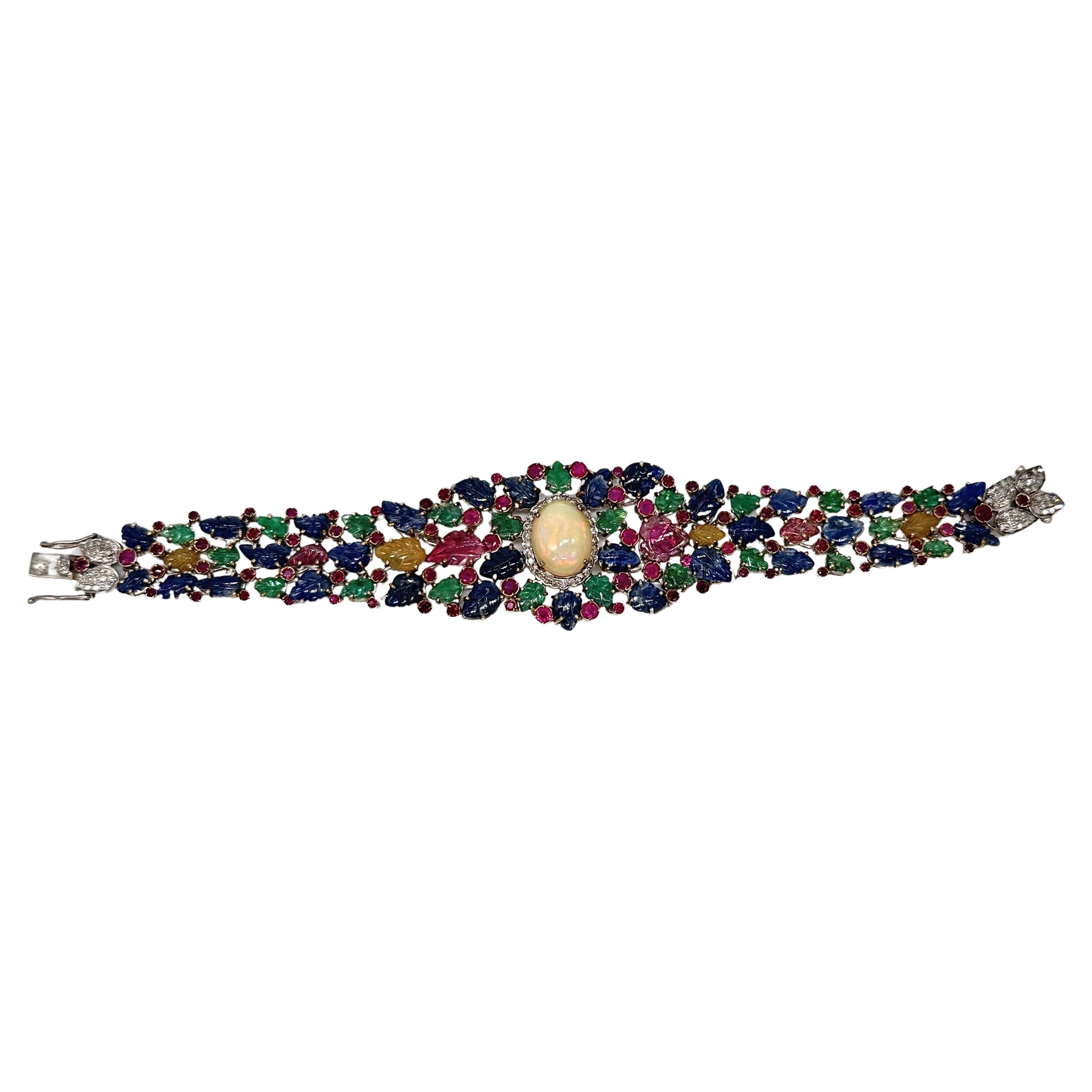 Antigua esmeralda tallada rubí zafiros Diamante brillante oro 14K pulsera de plata Retro en venta