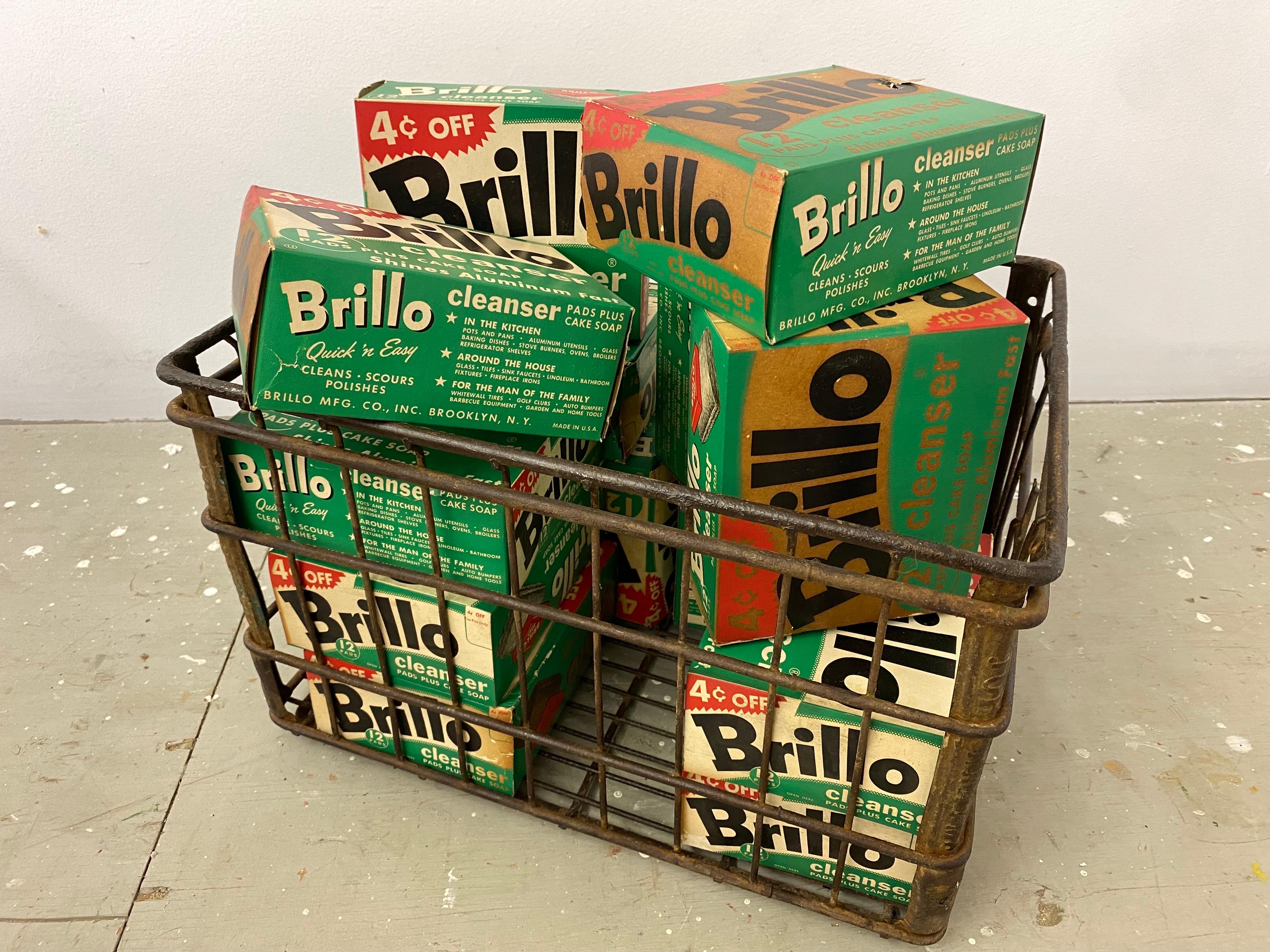 Modern Vintage Brillo Pad Boxes in Wire Crate, salute to Andy Warhol