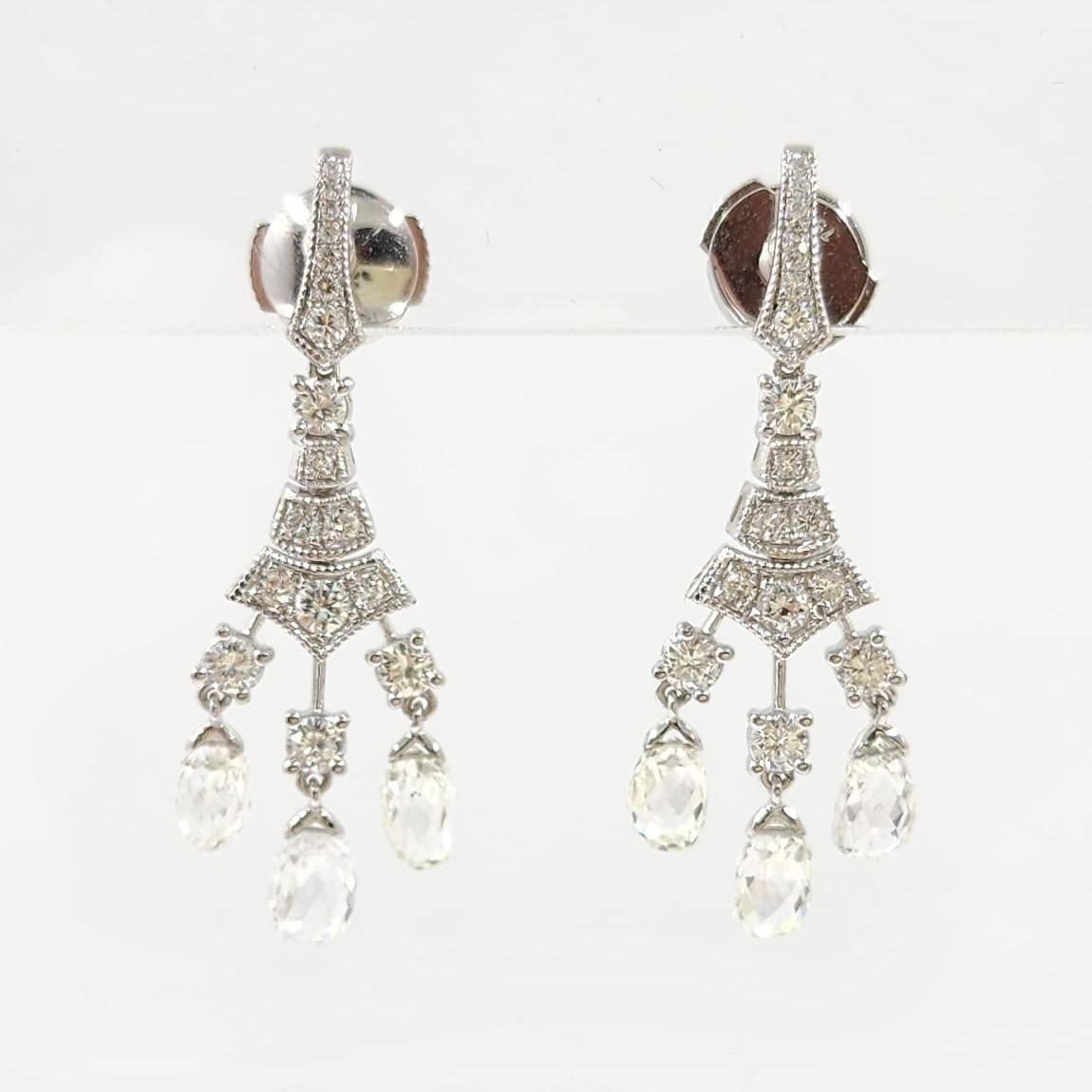 Vintage Briolette 4.02ct Rose cut Diamond Dangle Earring in 18K White Gold For Sale 5