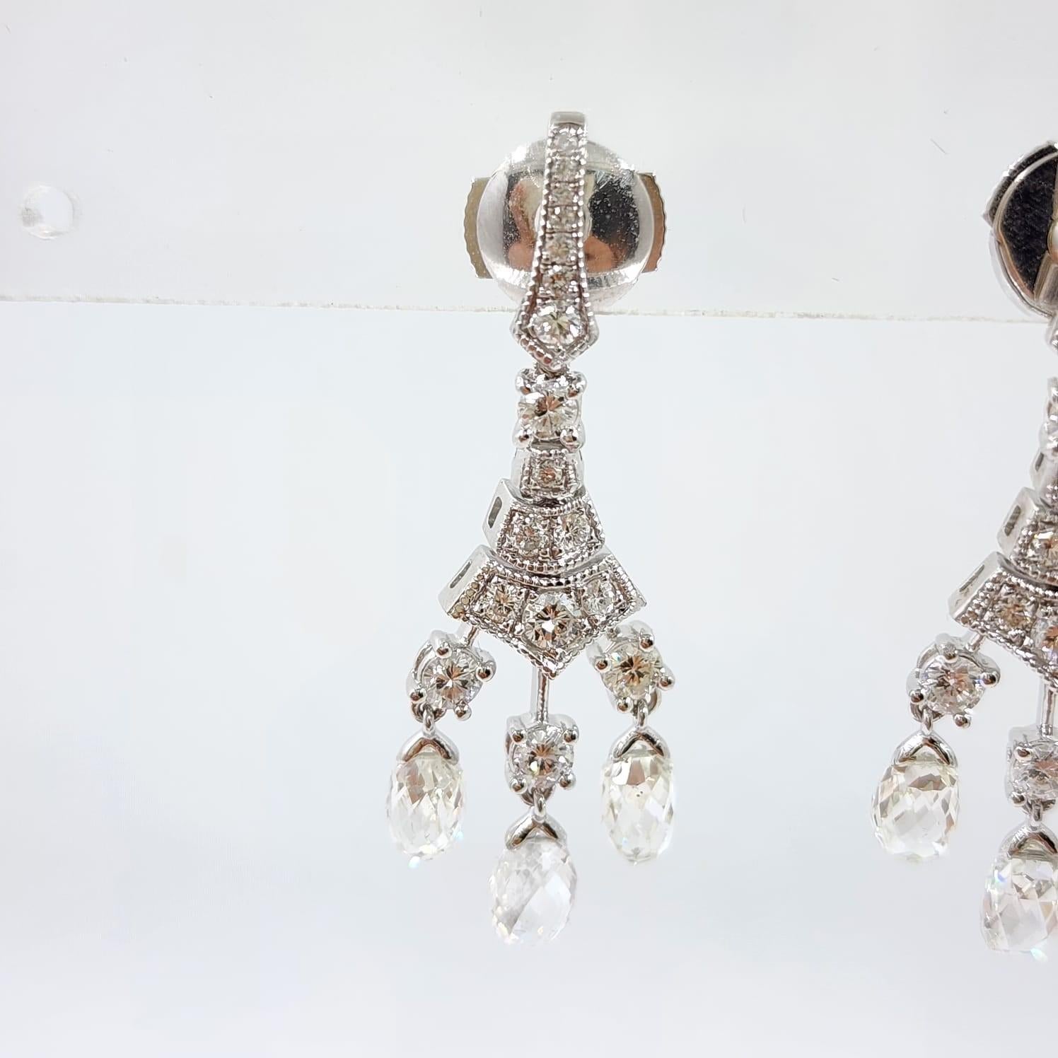 Vintage Briolette 4.02ct Rose cut Diamond Dangle Earring in 18K White Gold For Sale 2