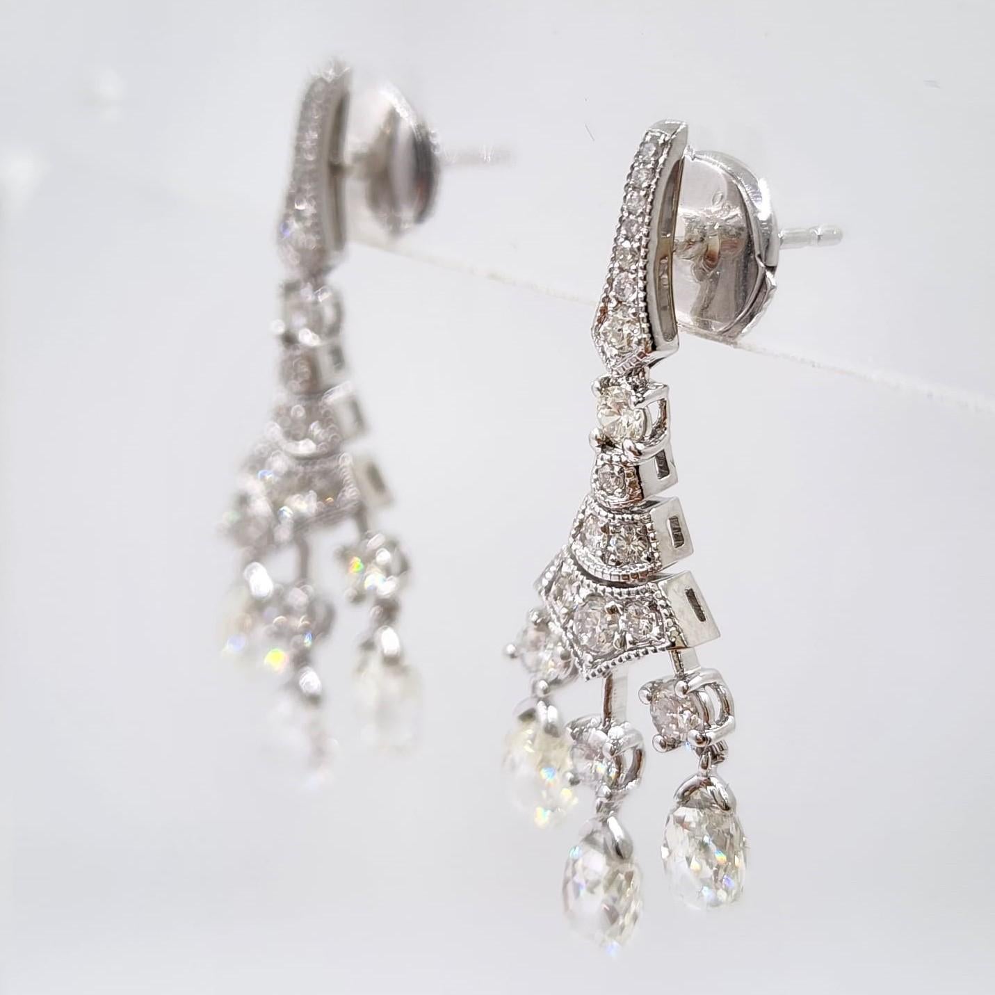 Vintage Briolette 4.02ct Rose cut Diamond Dangle Earring in 18K White Gold For Sale 3