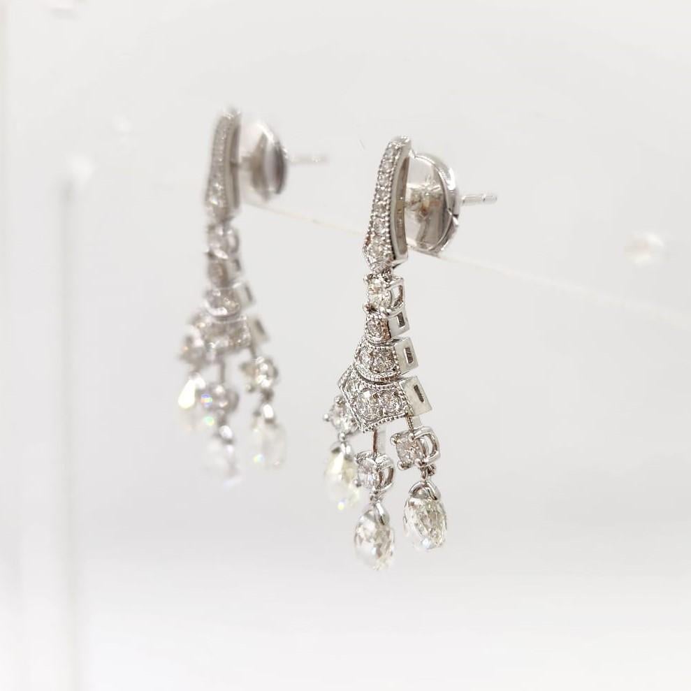 Vintage Briolette 4.02ct Rose cut Diamond Dangle Earring in 18K White Gold For Sale 4