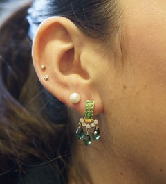 Vintage Briolette Cut Green Tourmaline & Diamond Dangling Stud Earrings in 18K
