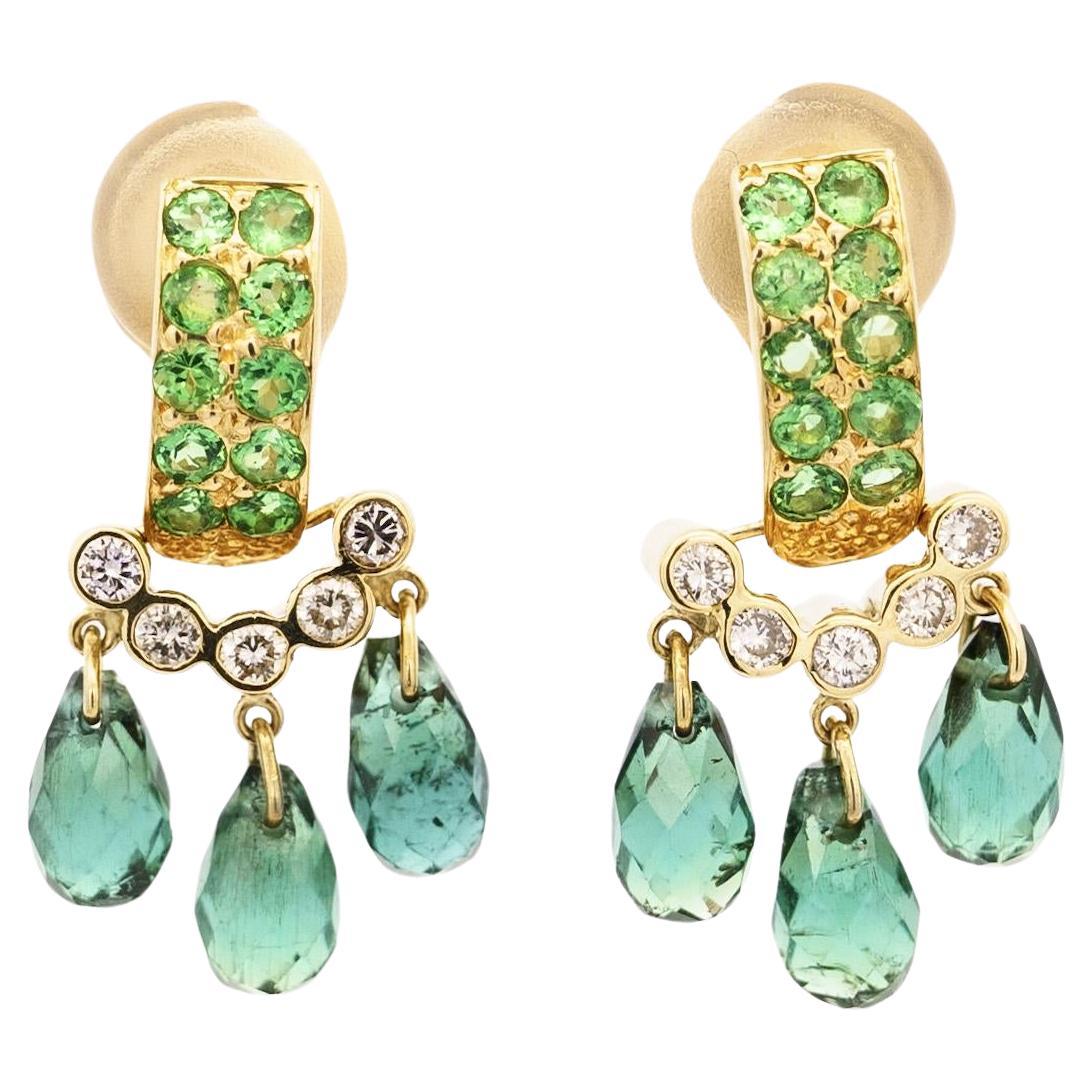 Vintage Briolette Cut Green Tourmaline & Diamond Dangling Stud Earrings in 18K