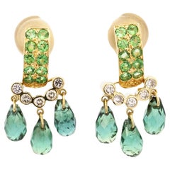 Vintage Briolette Cut Green Tourmaline & Diamond Dangling Stud Earrings in 18K