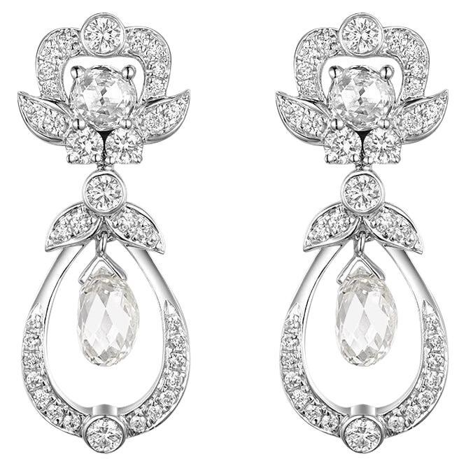 Vintage Briolette Diamond Rose Cut Diamond Dangle Earrings in 18 Karat Gold For Sale