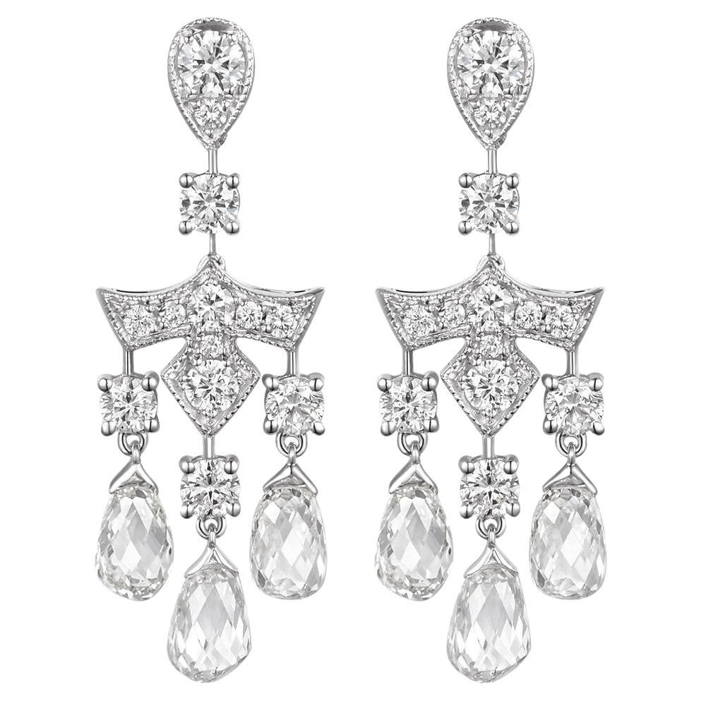 Vintage Briolette Diamond Rose Cut Diamond Dangle Earrings in 18 Karat Gold For Sale