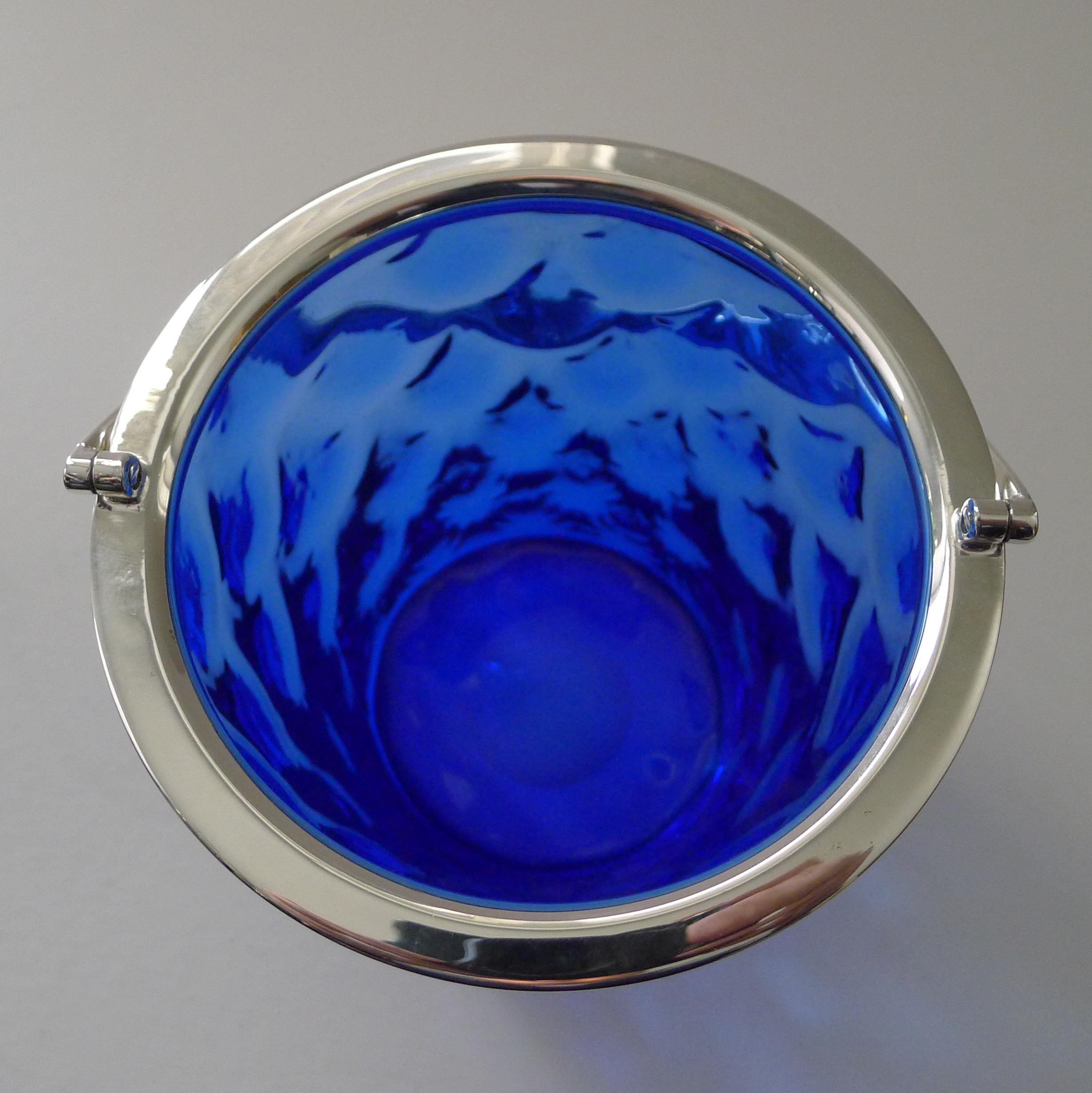 Art déco Seau à glace en verre bleu Bristol vintage, vers 1930 en vente