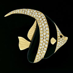 Vintage British 18K Gold 3.42ctw Diamond & Enamel Moorish Idol Fish Brooch Pin