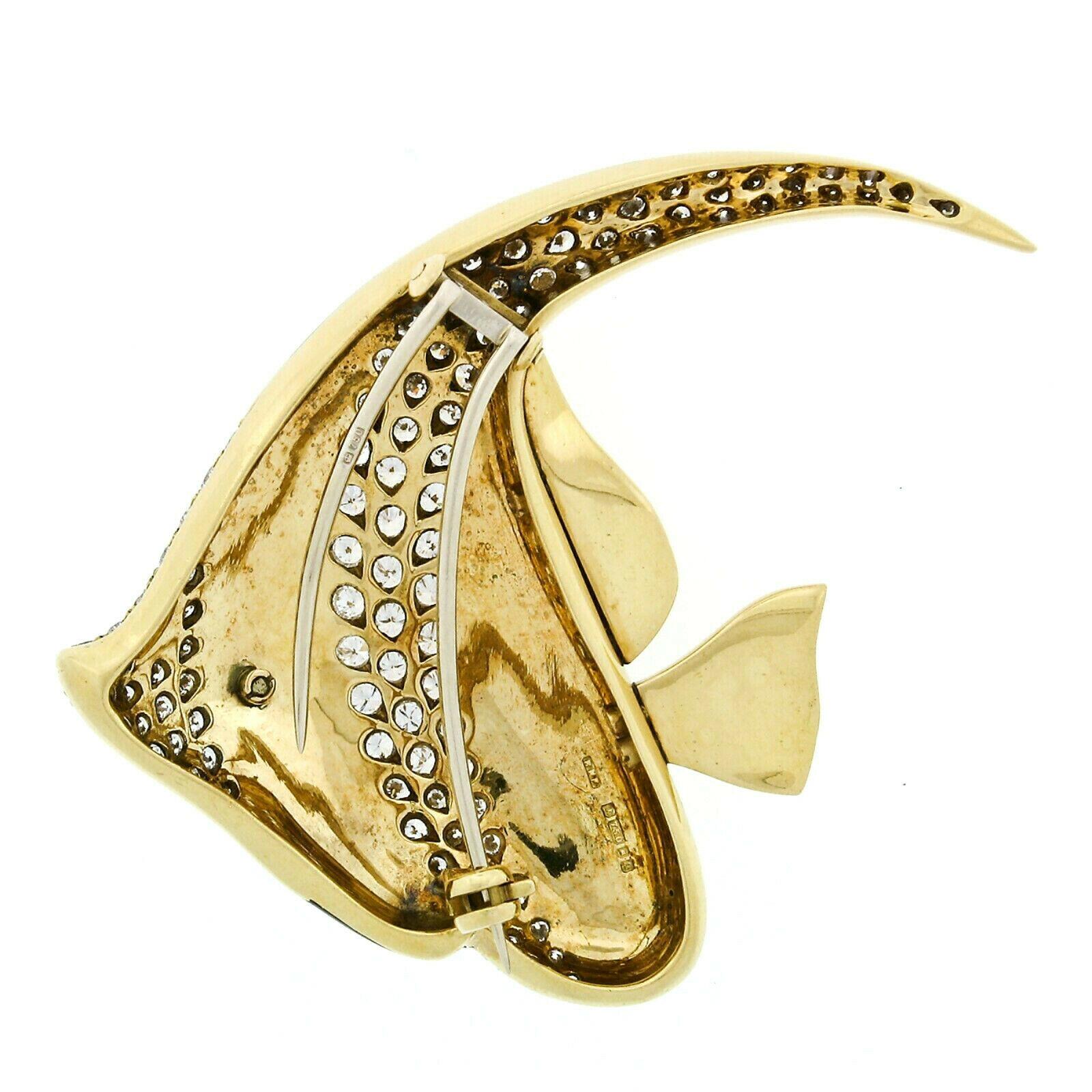 Vintage British 18K Gold 3.42ctw Diamond & Enamel Moorish Idol Fish Brooch Pin In Good Condition In Montclair, NJ