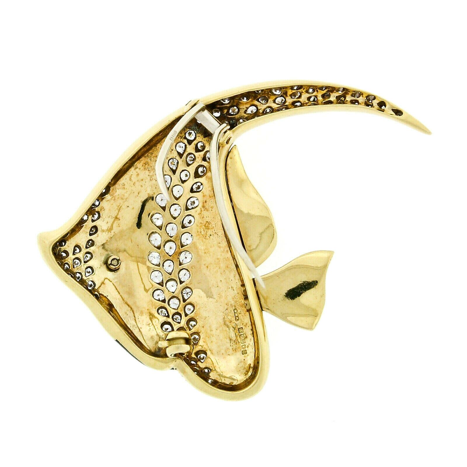 Women's or Men's Vintage British 18K Gold 3.42ctw Diamond & Enamel Moorish Idol Fish Brooch Pin