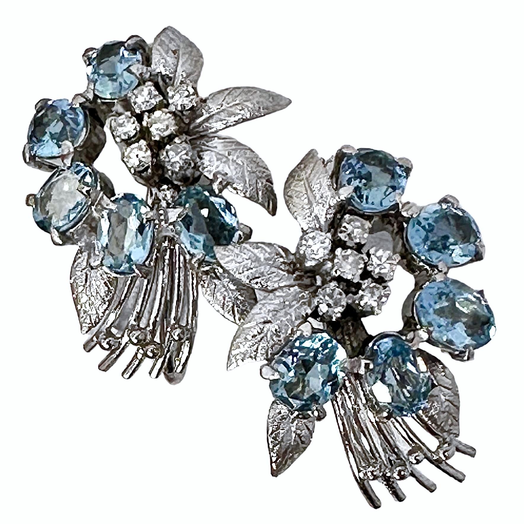 Vintage British, 18k White Gold, Aquamarine and Diamond Screw On Earrings For Sale