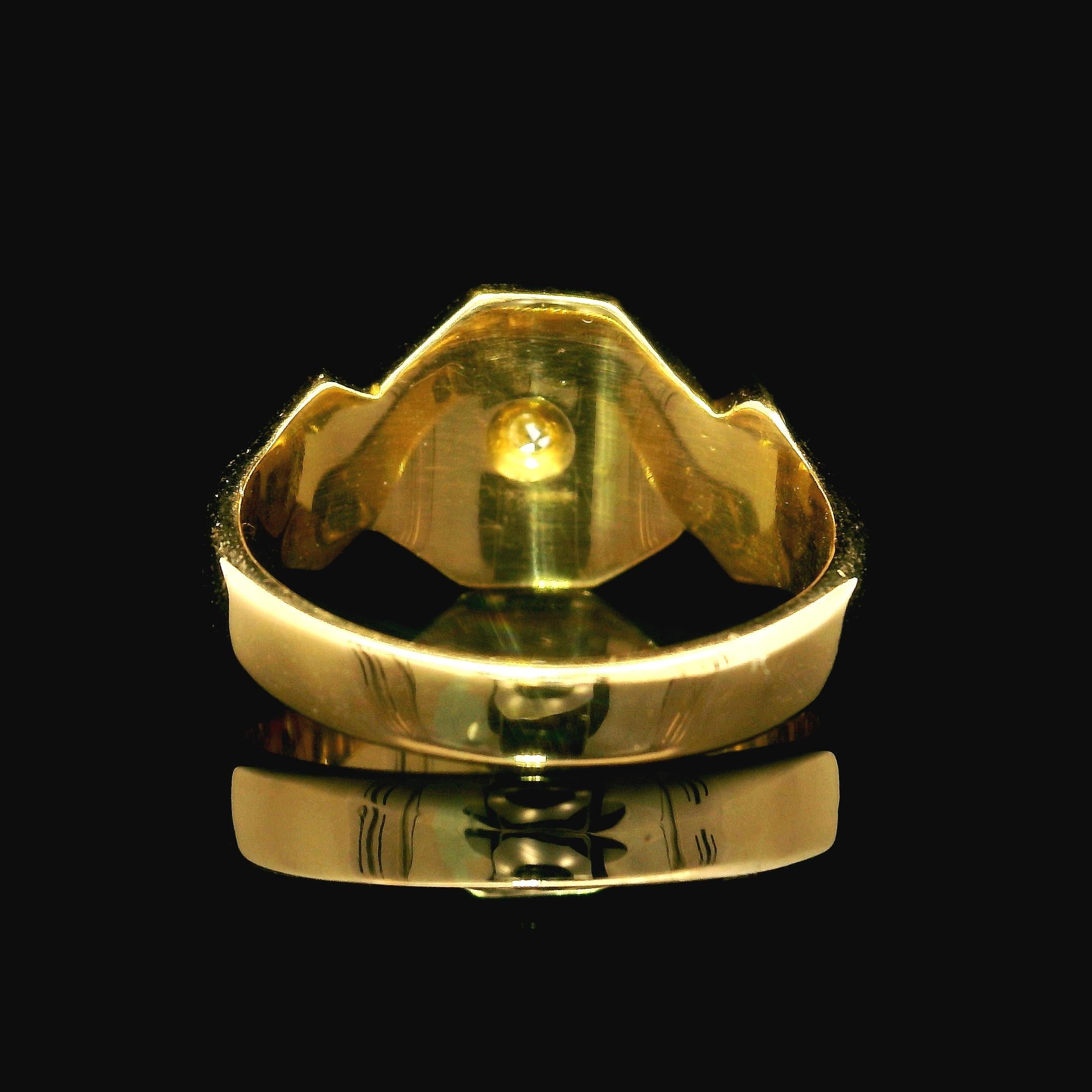 –Stone(s)–
(1) Natural Genuine Diamond - Old Mine Cut - Pave Bead Set - 0.04ctw (approx.)

Material: 18k Yellow Gold
Weight: 7.41 Grams
Ring Size: 7.5 (fitted on finger, please contact us prior to purchase with sizing inquiries)
Ring Width: 11.15mm