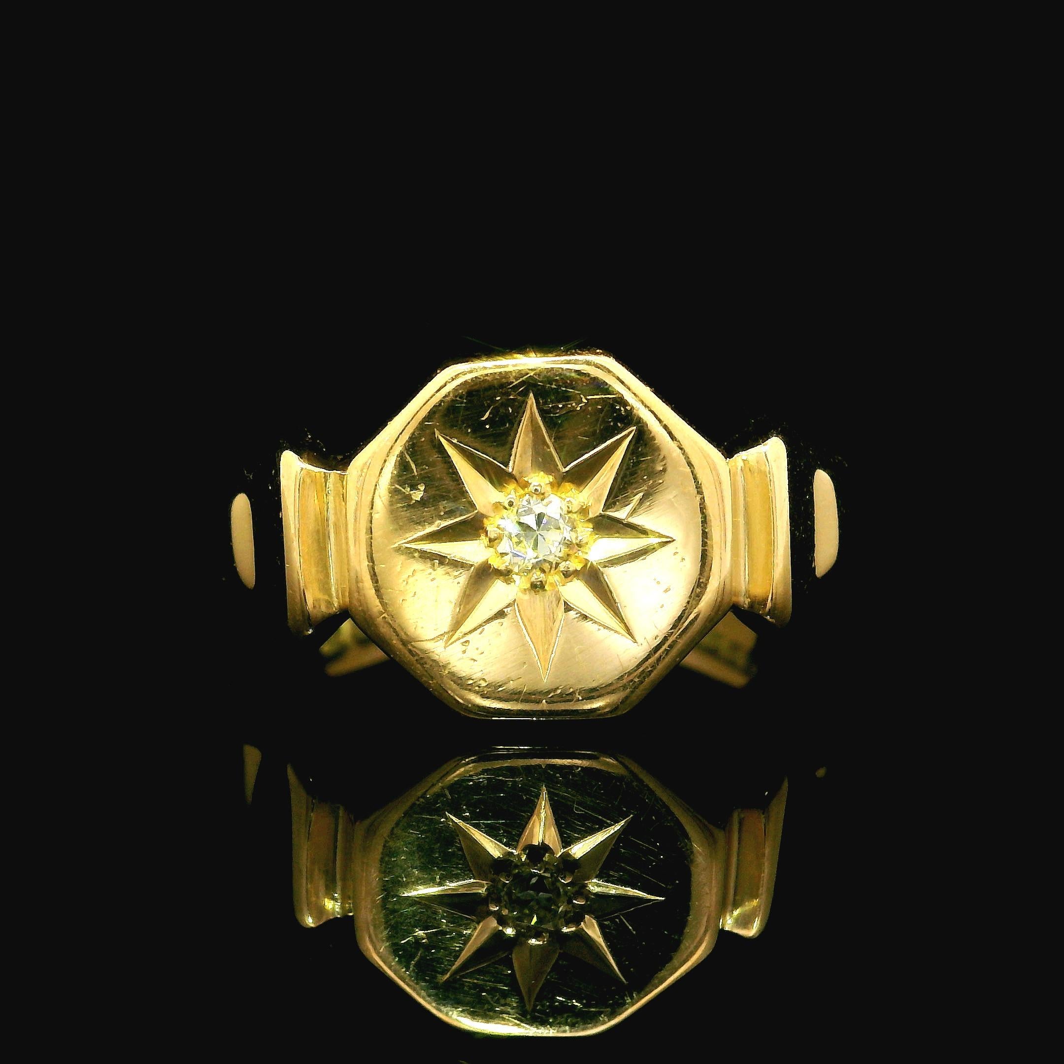 Old Mine Cut Vintage British 18k Yellow Gold Star Pave Diamond Hexagonal Signet Band Ring