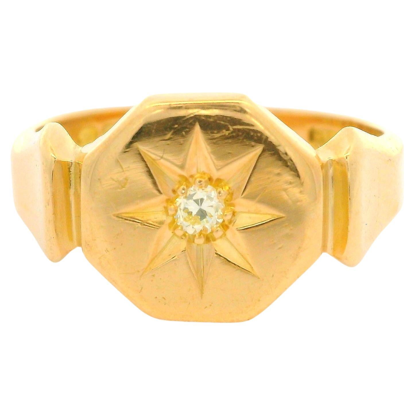 Vintage British 18k Yellow Gold Star Pave Diamond Hexagonal Signet Band Ring