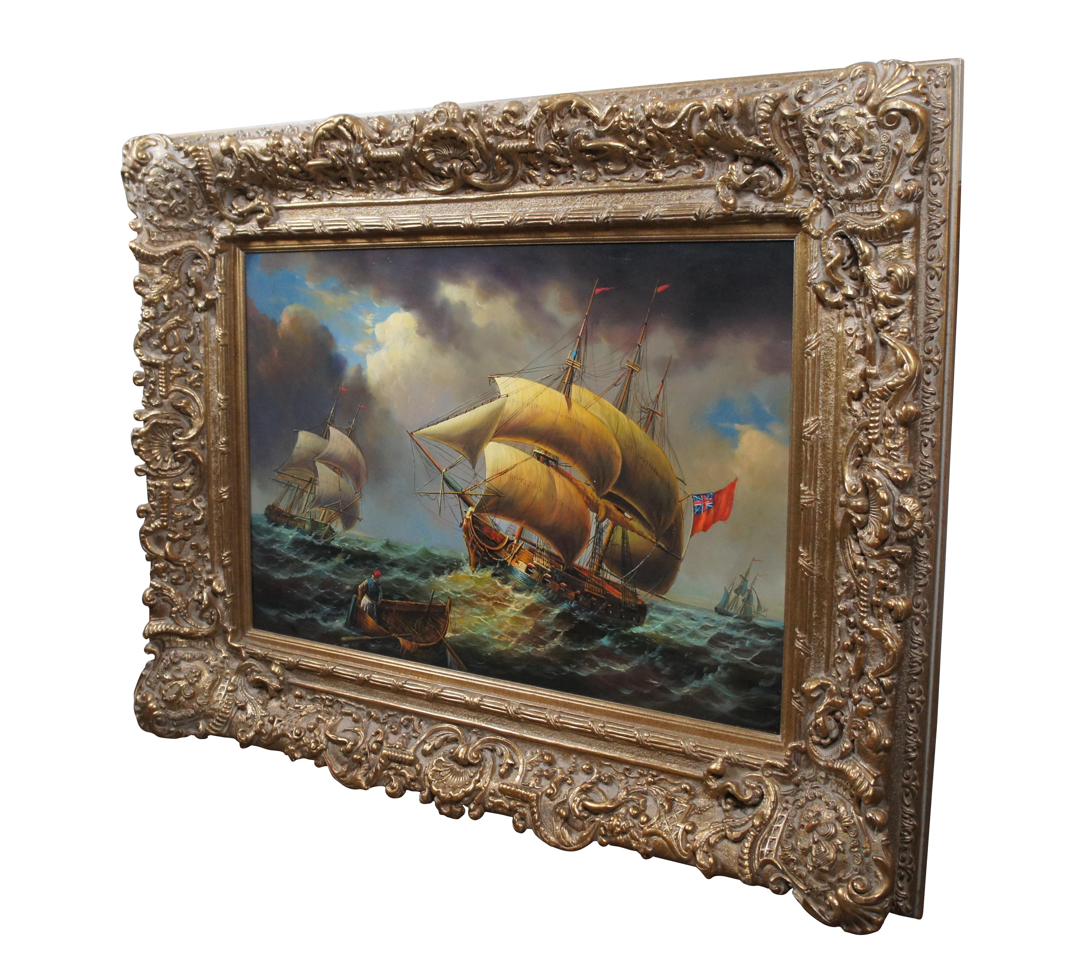 A large and impressive vintage nautical maritime seascape oil painting on canvas depicting a choppy ocean battle scene with a British Galleon United Kingdom marine navel red ensign flag.  Frame in ornate baroque gold high relief frame with