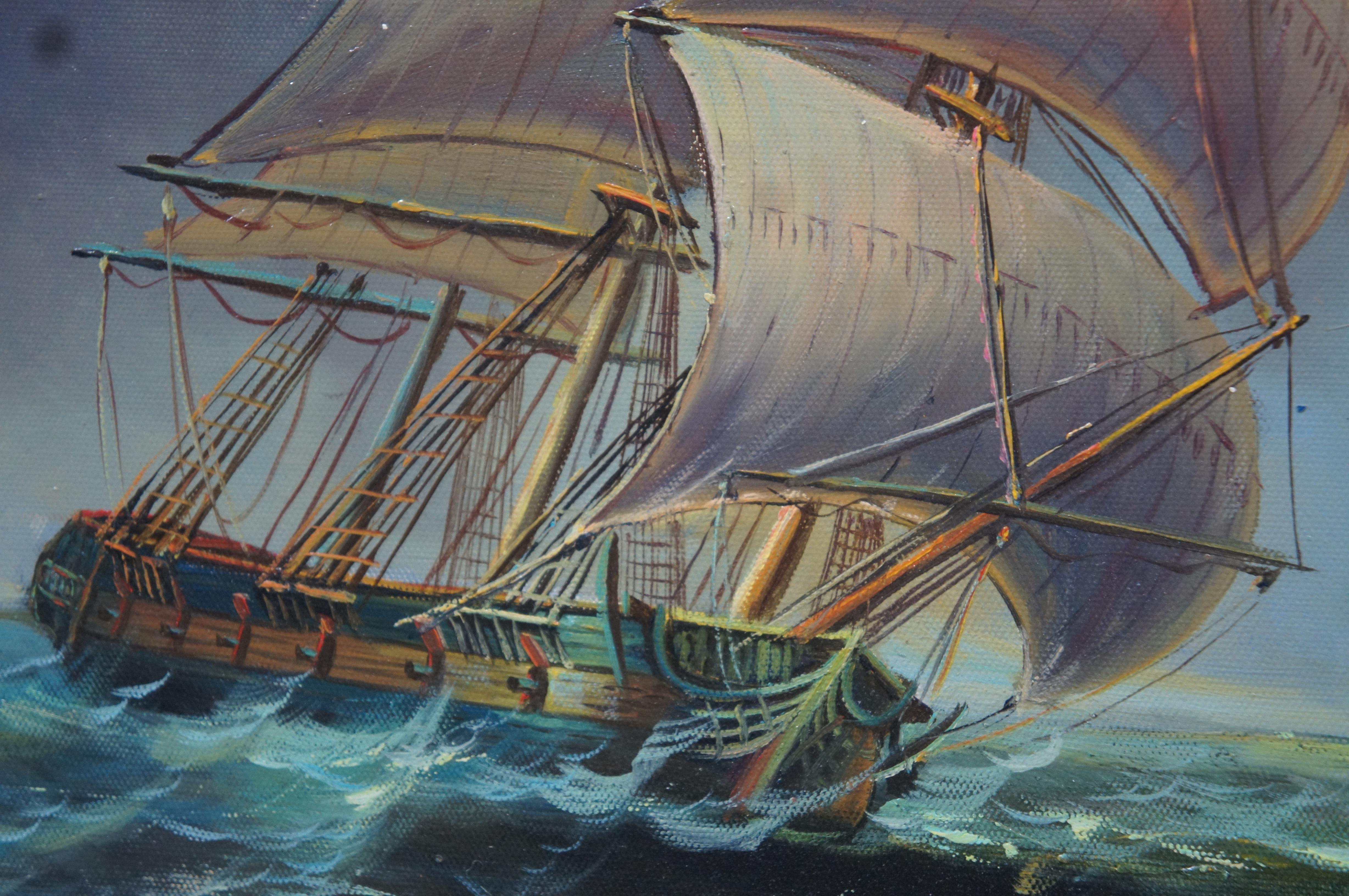 Vintage British Baroque Nautical Maritime Ship Galleon Seascape Oil Painting 51