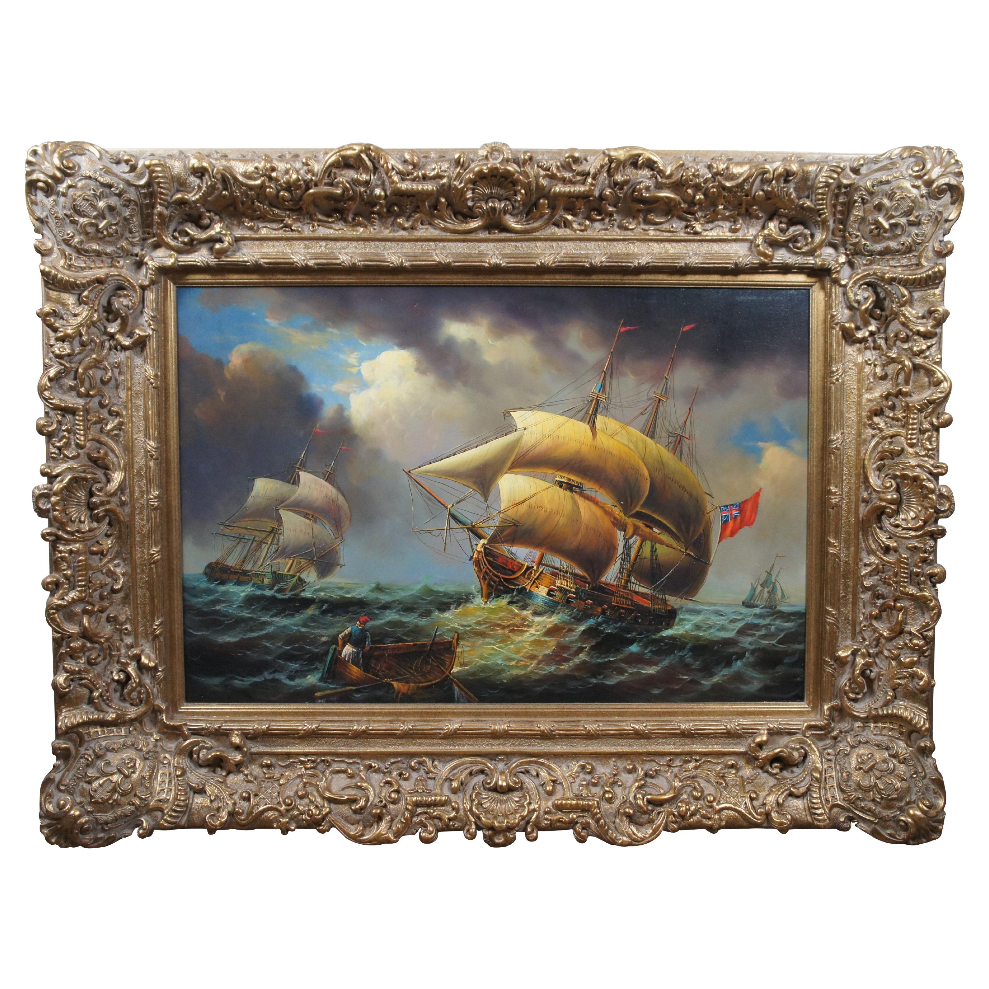 Vintage British Baroque Nautical Maritime Ship Galleon Seascape Oil Painting 51" For Sale