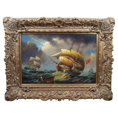 Vintage British Baroque Nautical Maritime Ship Galleon Seascape Peinture à l'huile 51"