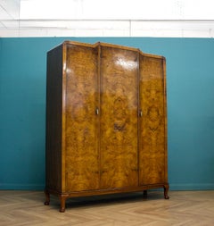Vintage British Burr Walnut Triple Door Wardrobe, 1930s