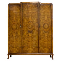 Vintage British Burr Walnut Triple Door Wardrobe, 1930s