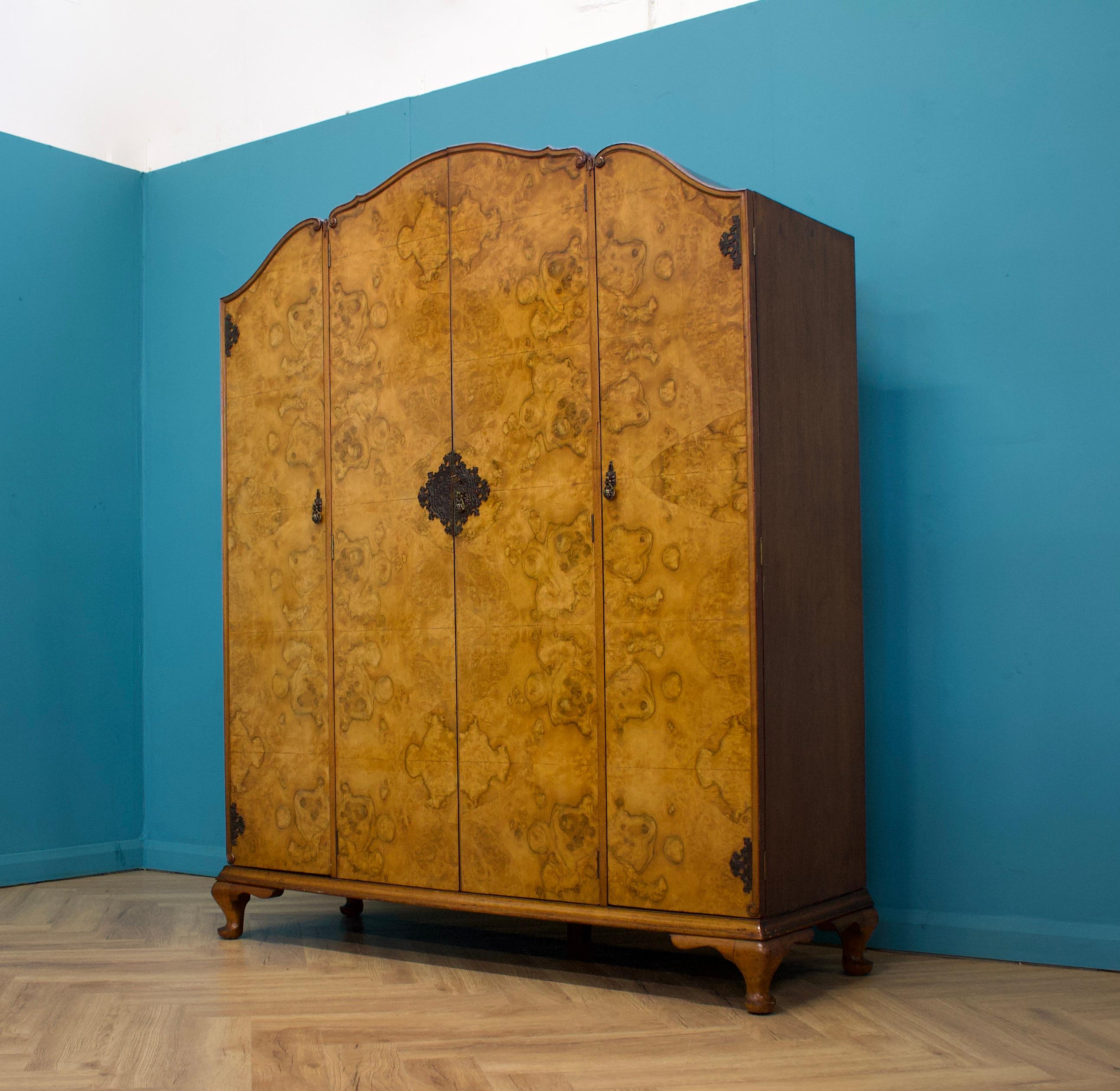Art Deco Vintage British Burr Walnut Wardrobe, 1930s