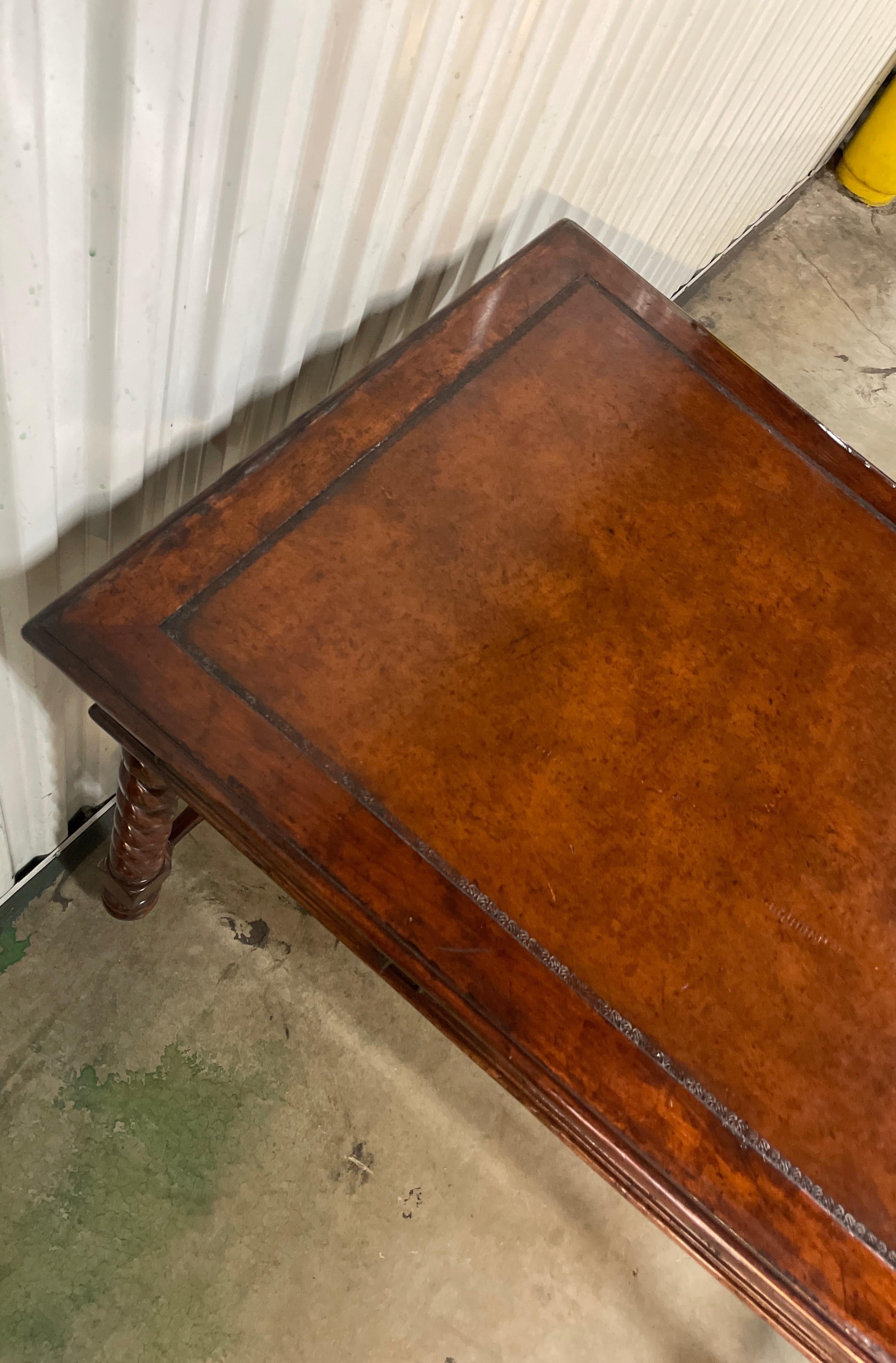 Vintage British Colonial Barley Twist Leg Leather Top Desk 7