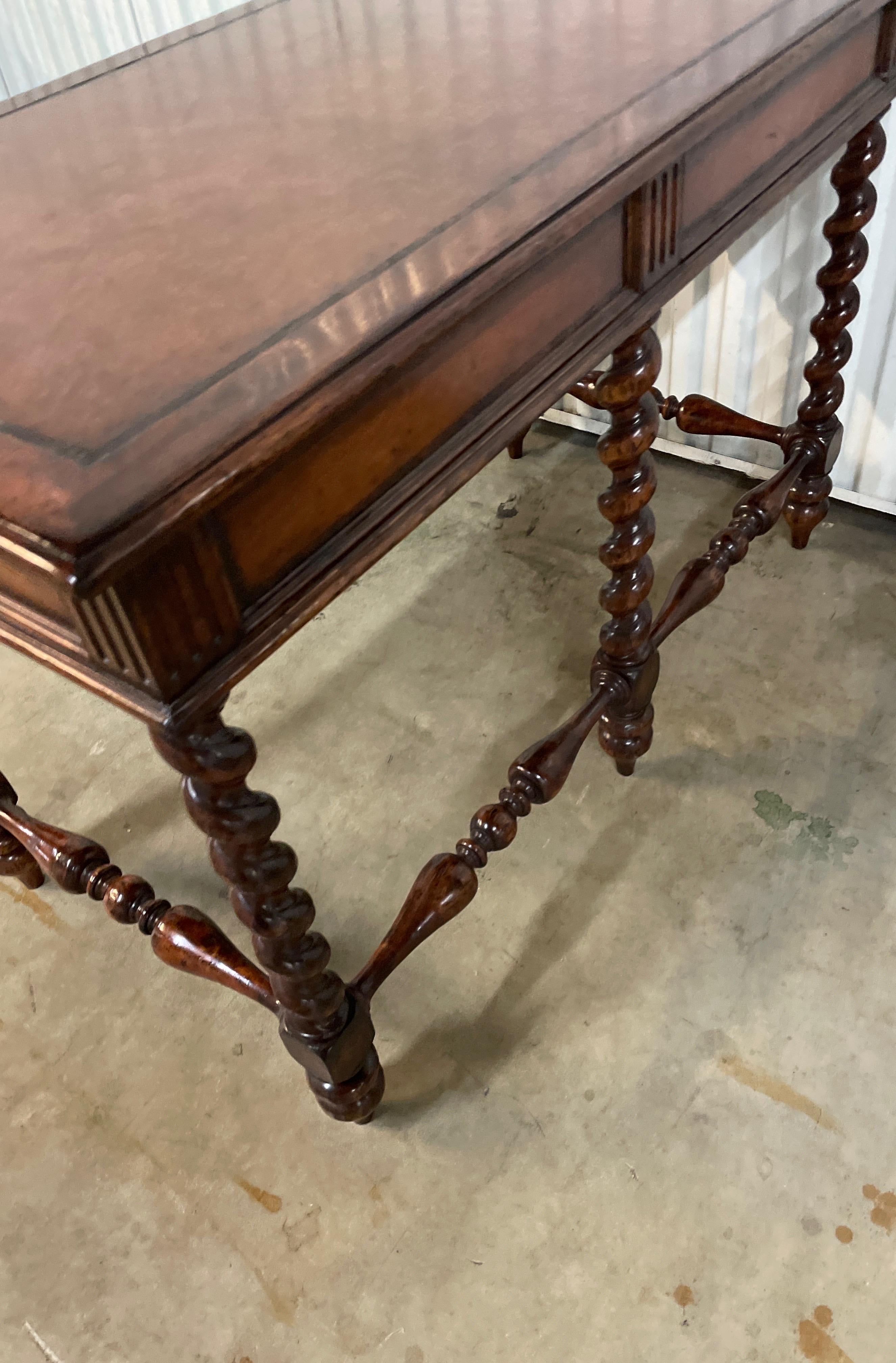 Vintage British Colonial Barley Twist Leg Leather Top Desk 3