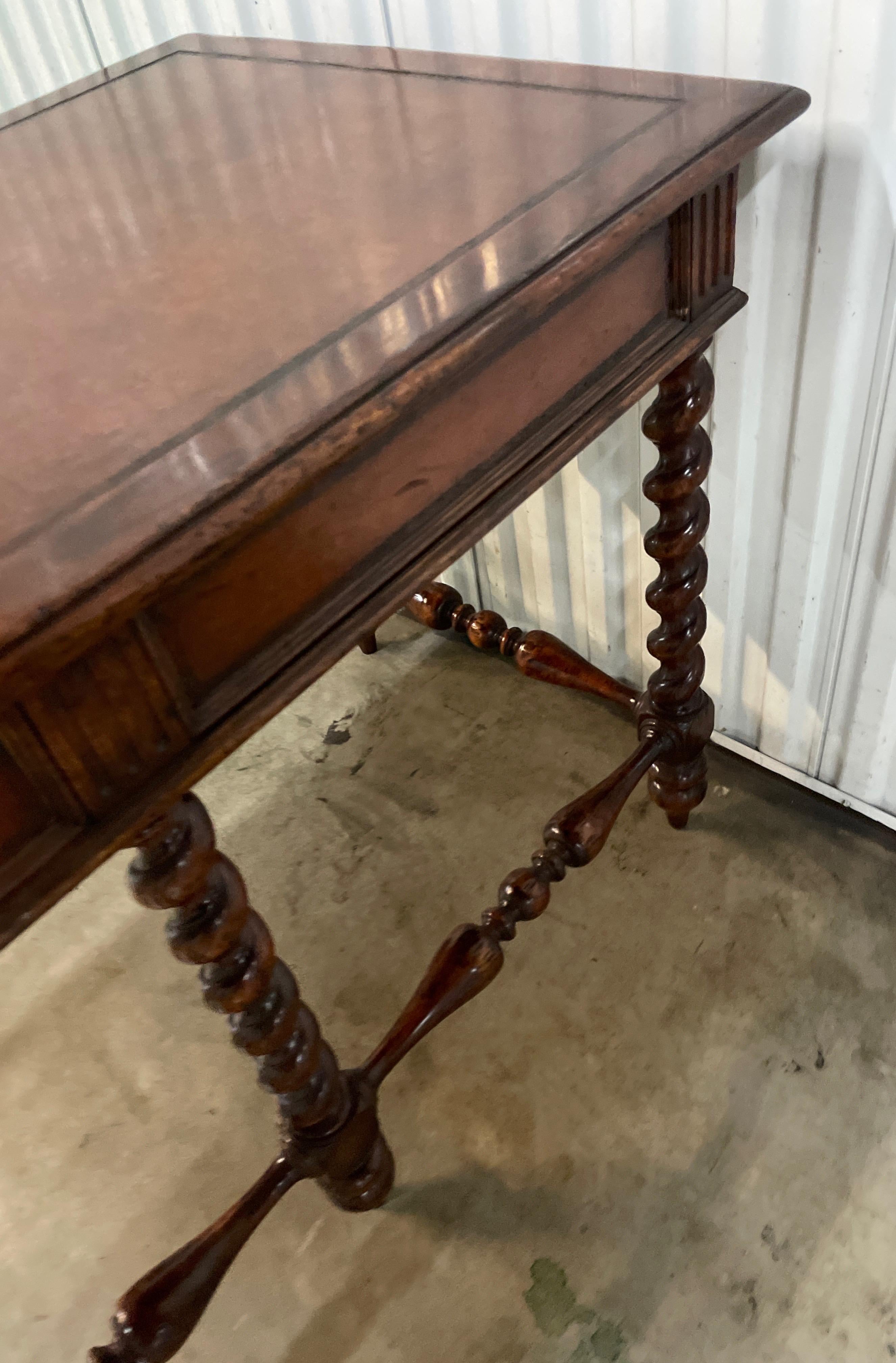 Vintage British Colonial Barley Twist Leg Leather Top Desk 4