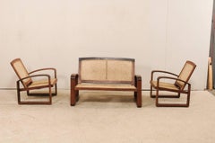 Vintage British Colonial Cane & Holz 3-tlg. Sitzgarnitur mit Stühlen & Loveseat