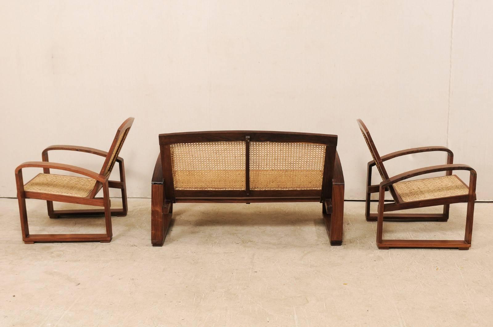 Vintage British Colonial Cane & Wood 3-Piece Seating Set with Chairs & Loveseat In Good Condition In Atlanta, GA