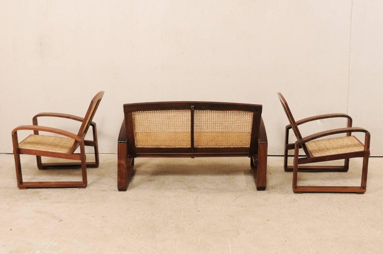 Vintage British Colonial Cane And Wood 3 Piece Seating Set With Chairs And Loveseat At 1stdibs
