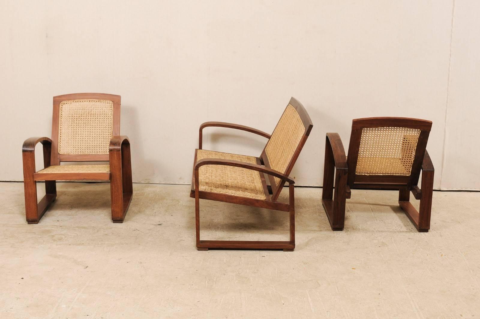20th Century Vintage British Colonial Cane & Wood 3-Piece Seating Set with Chairs & Loveseat