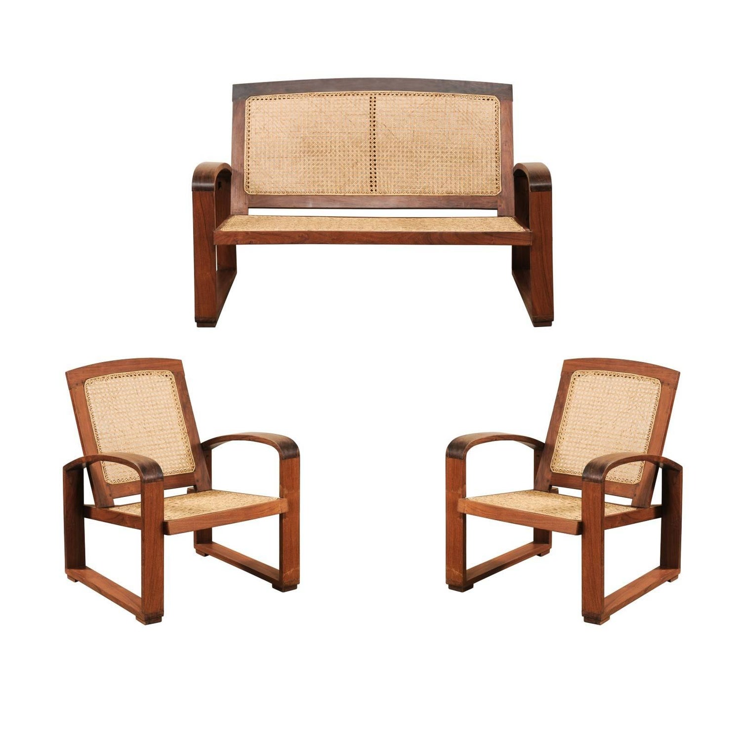 Vintage British Colonial Cane And Wood 3 Piece Seating Set With Chairs And Loveseat At 1stdibs