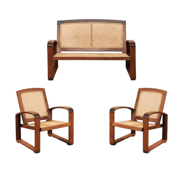 Vintage British Colonial Cane And Wood 3 Piece Seating Set With Chairs And Loveseat At 1stdibs