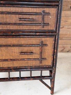 Vintage British Colonial Faux Bamboo and Grasscloth Armoire Cabinet With Drawers