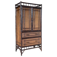 Vintage British Colonial Faux Bamboo and Grasscloth Armoire Cabinet With Drawers