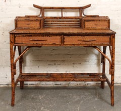 Vintage British Colonial Faux Bamboo & Grasscloth Desk